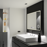 Obdélníkové LED zrcadlo 120x80 Aura Riflesso Puro MotionGlow Marcello, Demister System, Teploměr a hodiny, Stmívatelné