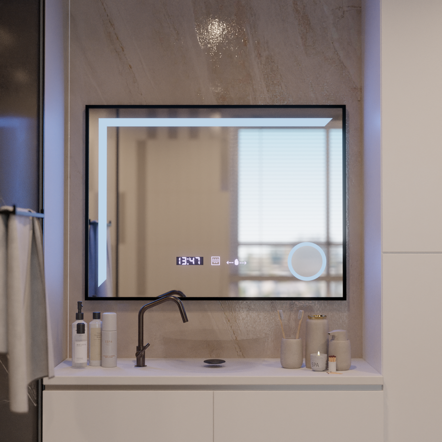 LED zrcadlo Francesca MotionGlow Snímač 80x60 cm Teplé/Studené/Neutrální světlo Stmívatelný rám Černý kartáčovaný systém odmlžování Teploměr Hodiny Marcello Funghi Collection
