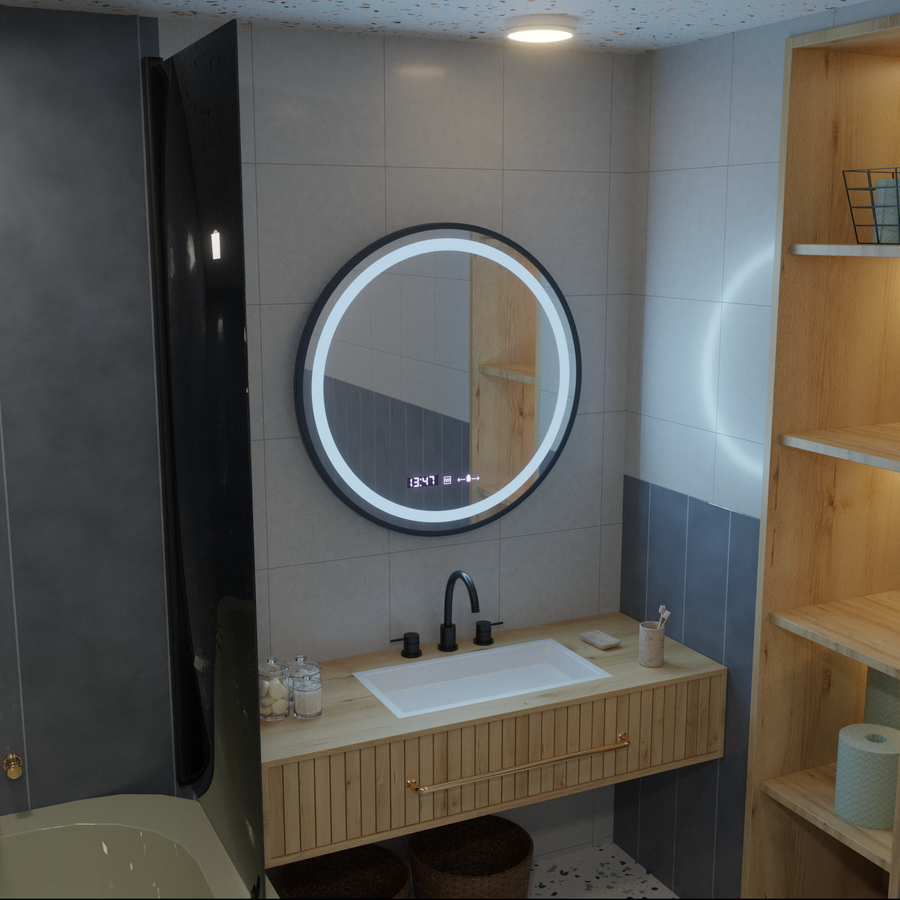 LED kulaté zrcadlo, 100 cm, Celeste Majesté Noir MotionGlow Marcello, Demister System, Hodiny & Teploměr, Stmívatelné