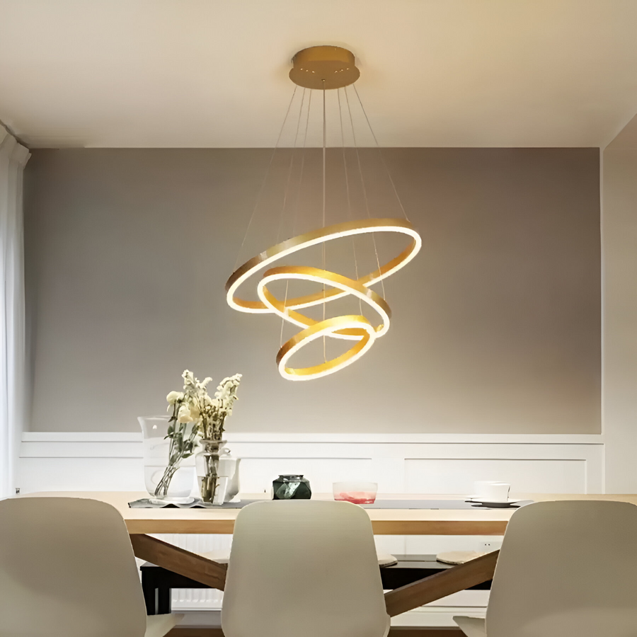 Závěsný LED lustr s dálkovým ovládáním ELIZABETH, 84W, 3 kruhy, Studené/Teplé/Neutrální světlo, Stmívatelné, Lesklý zlatý, Nastavitelná výška