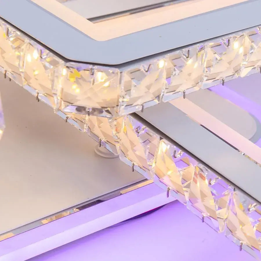 LED lustr s dálkovým ovládáním a křišťálem LEILA 237W, 8 čtverců, studené/teplé/neutrální světlo, stmívatelné, lesklá chromová bílá