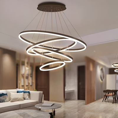 Závěsný LED lustr s dálkovým ovládáním CASIANA 130W, 4 kruhy, studené/teplé/neutrální světlo, stmívatelný, černý, výškově nastavitelný