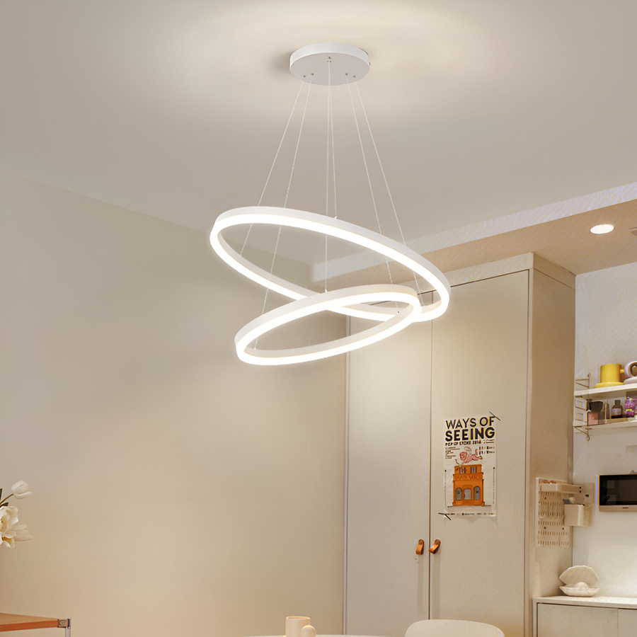 Závěsný LED lustr s dálkovým ovládáním CHRISTINE, 69W, 2 kruhy, studené/teplé/neutrální světlo, stmívatelný, bílý, výškově nastavitelný