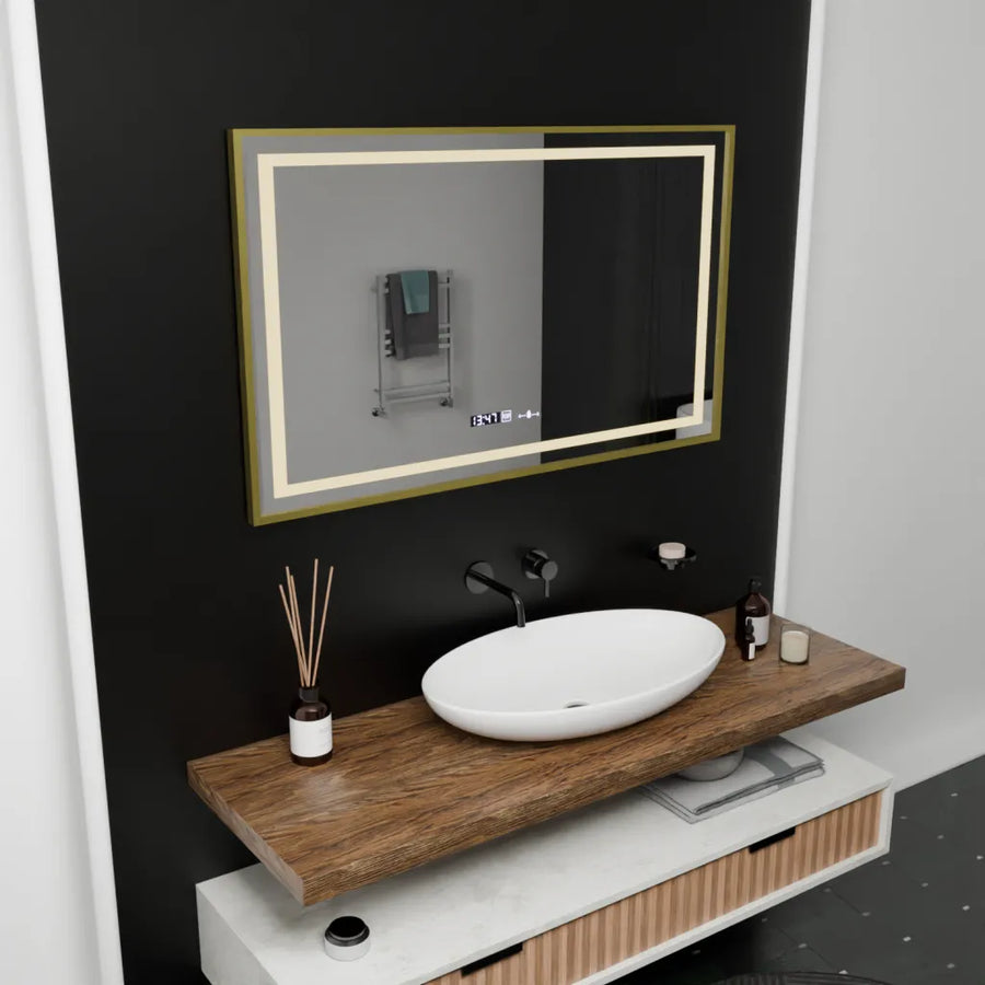 Obdélníkové LED zrcadlo, 100x80cm, Verite Royale Gold Motion Glow Marcello, Demister System, Hodiny & Teploměr, Stmívatelné
