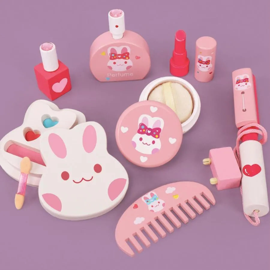 Hračka pro make -up a kosmetická hračka králíka, 16 kusů, růžová, dřevo