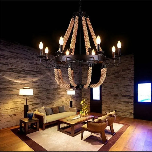 Kruhový lustr, 8*E14, černý, kov a motouz