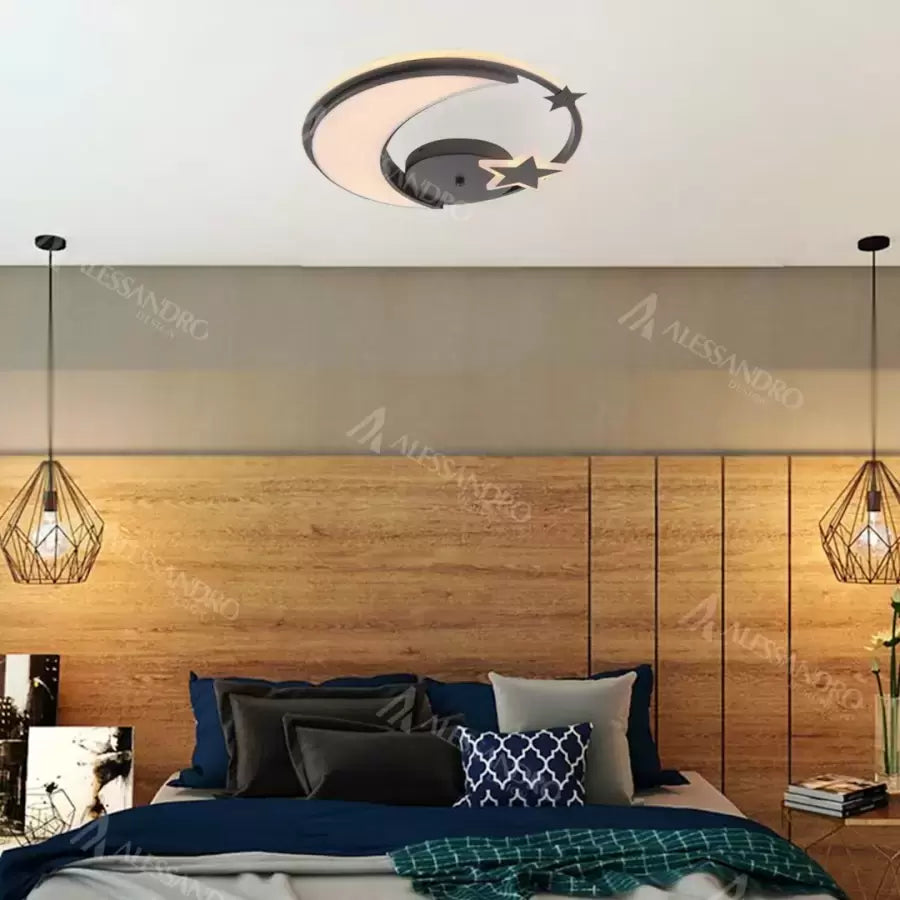 LED lustr s dálkovým ovládáním ALYONA 44W, Měsíc a hvězda, Studené/Teplé/Neutrální světlo, Stmívatelné, Černá