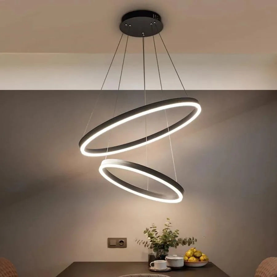 Závěsný LED lustr s dálkovým ovládáním CASIANA 41W, 2 kruhy, studené/teplé/neutrální světlo, stmívatelný, černý, výškově nastavitelný