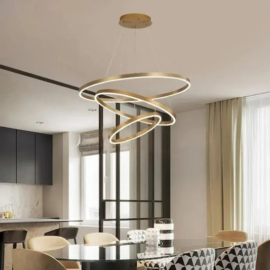 Závěsný LED lustr s dálkovým ovládáním AZARIAH 130W, 3 kruhy, Studené/Teplé/Neutrální světlo, Stmívatelné, Lesklý zlatý, Nastavitelná výška