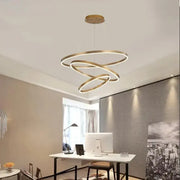 Závěsný LED lustr s dálkovým ovládáním AZARIAH 130W, 3 kruhy, Studené/Teplé/Neutrální světlo, Stmívatelné, Lesklý zlatý, Nastavitelná výška