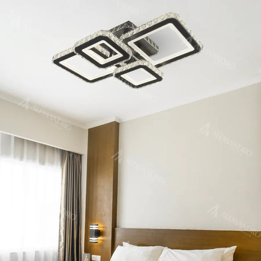 LED lustr s dálkovým ovládáním a krystalem BLAKELY RGB 154W, 4 čtverce, studené/teplé/neutrální světlo, stmívatelné, černá