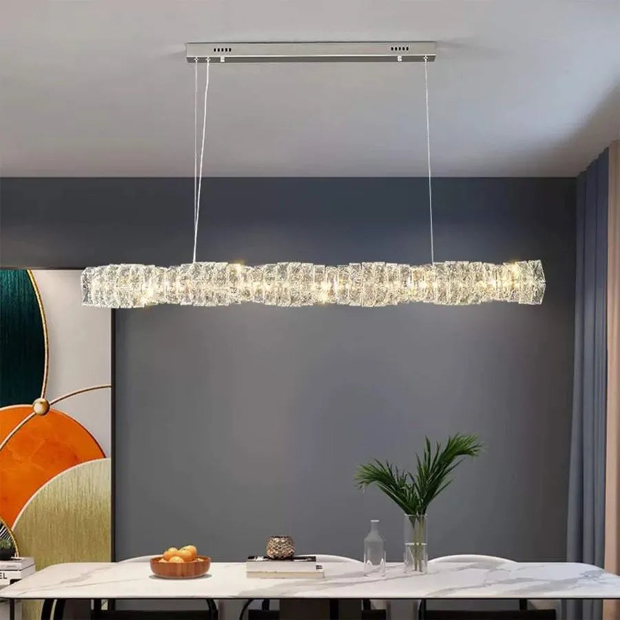 Závěsný LED lustr s dálkovým ovládáním a krystalem SEHRAZAT 38W, Lineární, Studené/Teplé/Neutrální světlo, Stmívatelné, Lesklý chrom, Nastavitelná výška
