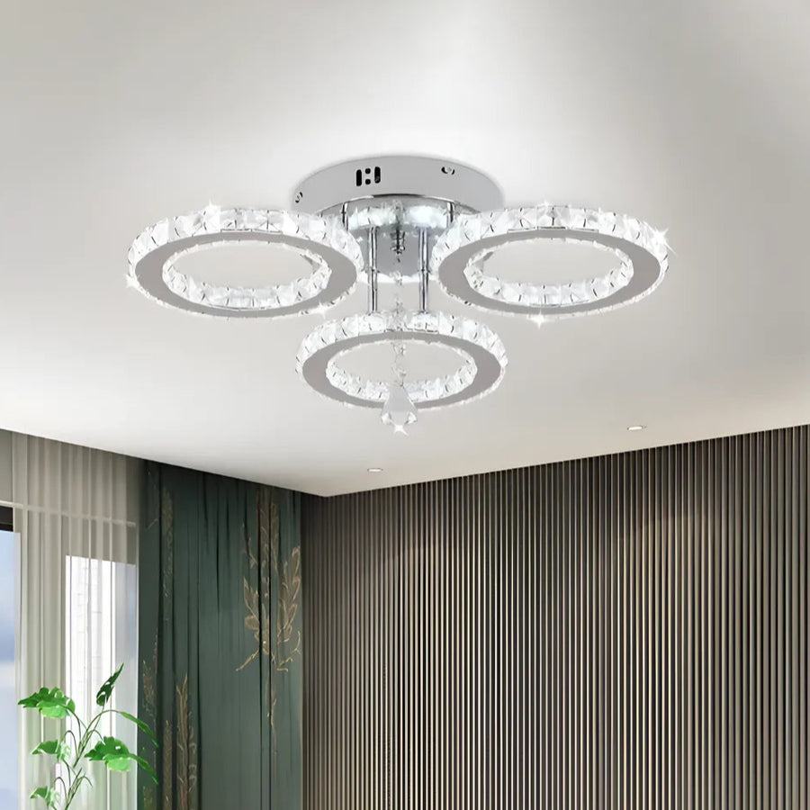 LED lustr s dálkovým ovládáním a krystalem ALANUBIS 37W, 3 kruhy, Studené/Teplé/Neutrální světlo, Stmívatelné, Lesklý chrom
