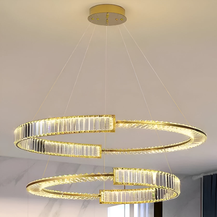 Závěsný LED lustr s dálkovým ovládáním a krystalem PRISM REGAL 200W, 2 kruhy, studené/teplé/neutrální světlo, stmívatelný, zlatý, výškově nastavitelný