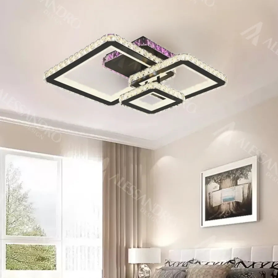 LED lustr s dálkovým ovládáním a krystalem BLAKELY RGB 166W, 3 čtverce, studené/teplé/neutrální světlo, stmívatelné, černá