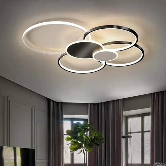 LED lustr s dálkovým ovládáním KILLIAN 74W, 6 kruhů, studené/teplé/neutrální světlo, stmívatelné, černá bílá
