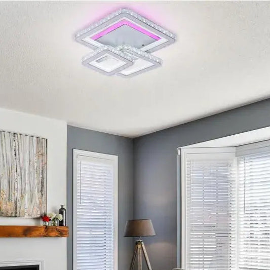 LED lustr s dálkovým ovládáním a krystalem LEILA 154W, 3 čtverce, studené/teplé/neutrální světlo, stmívatelné, lesklá chromová bílá
