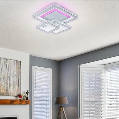 LED lustr s dálkovým ovládáním a krystalem LEILA 154W, 3 čtverce, studené/teplé/neutrální světlo, stmívatelné, lesklá chromová bílá