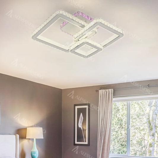 LED lustr s dálkovým ovládáním a krystalem BLAKELY RGB 166W, 3 čtverce, studené/teplé/neutrální světlo, stmívatelné, bílá