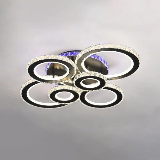 LED lustr s dálkovým ovládáním a krystalem ZAFINA RGB 238W, 6 kruhů, Studené/Teplé/Neutrální světlo, Stmívatelné, Černá