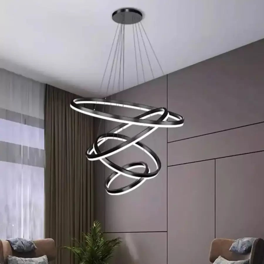 Závěsný LED lustr s dálkovým ovládáním AZARIAH 112W, 4 kruhy, Studené/Teplé/Neutrální světlo, Stmívatelné, Černá, Výškově nastavitelné