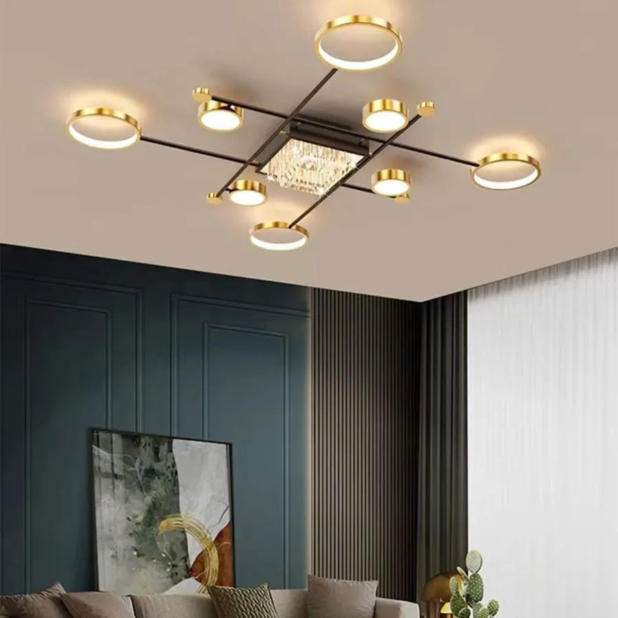 LED lustr s dálkovým ovládáním a krystalem MISEL 168W, 9 prvků, studené/teplé/neutrální světlo, stmívatelný, černé zlato