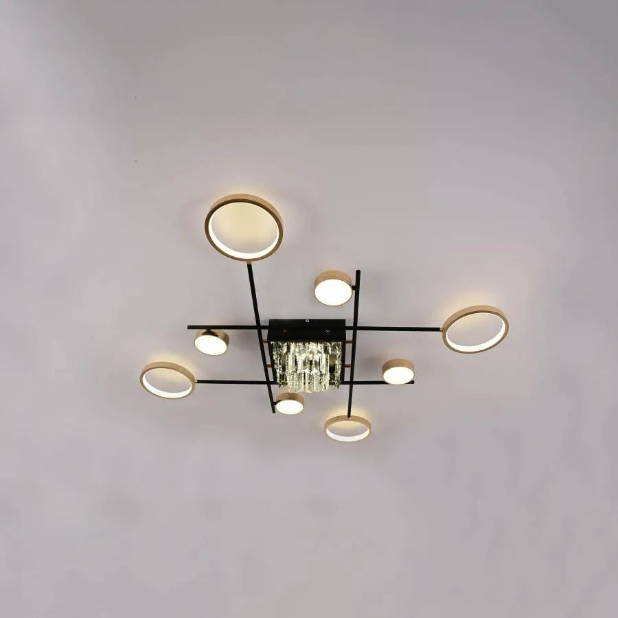 LED lustr s dálkovým ovládáním a krystalem MISEL 168W, 9 prvků, studené/teplé/neutrální světlo, stmívatelný, černé zlato