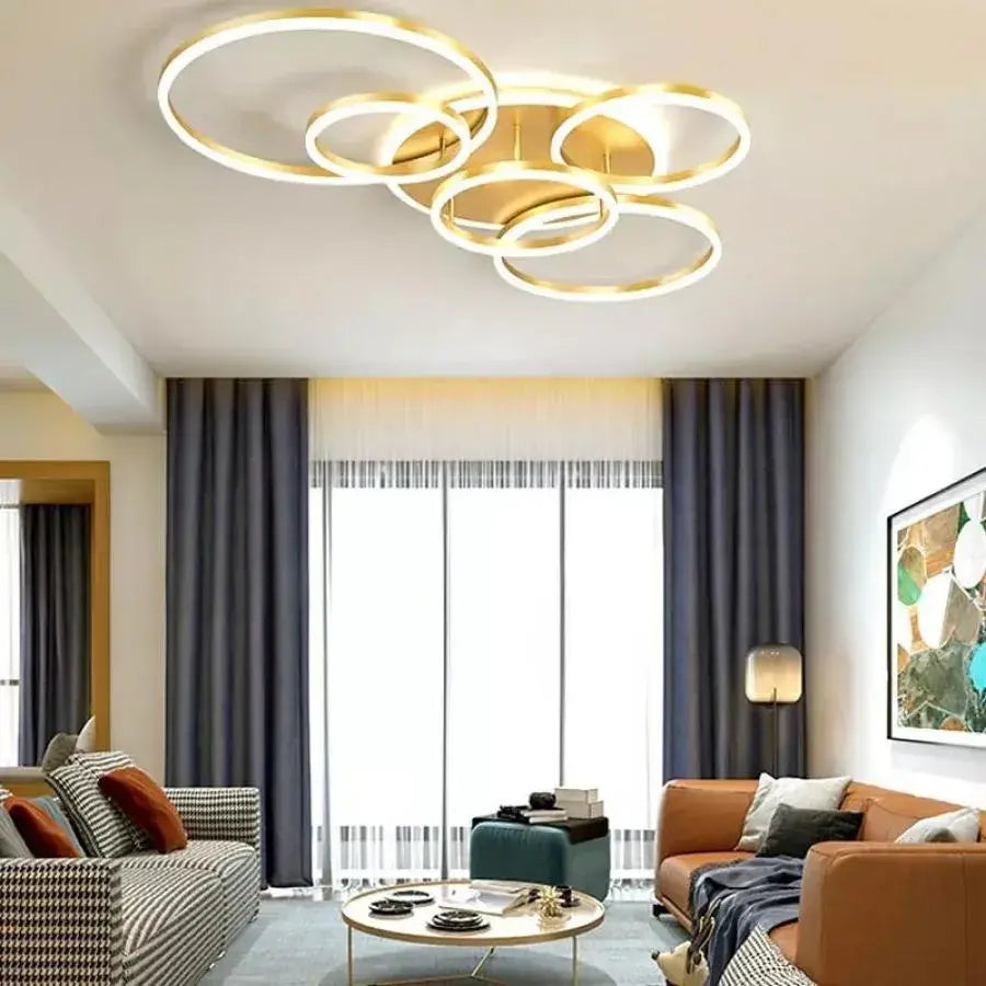 LED lustr s dálkovým ovládáním LYRA 248W, 5 kruhů, studené/teplé/neutrální světlo, stmívatelné, kartáčované zlato
