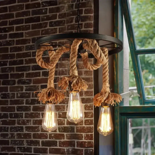 Lustr kola, 3*E27, hnědý, kov a motouz