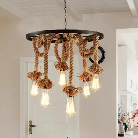 Lustr na kola, 6 x E27, hnědý, kov / struna