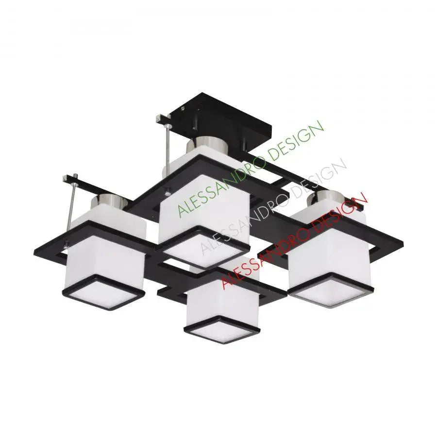 Lustr Aramis Classic se dřevem, čtvercové stínidlo, 4 x E27 objímka, bílá / černá