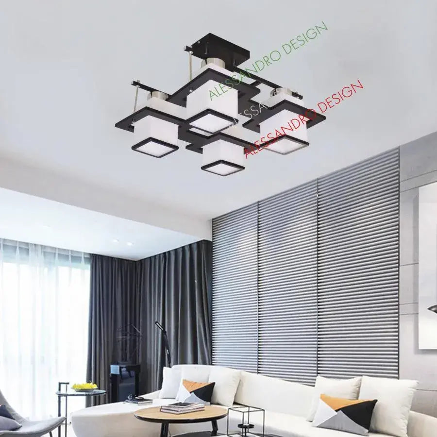 Lustr Aramis Classic se dřevem, čtvercové stínidlo, 4 x E27 objímka, bílá / černá