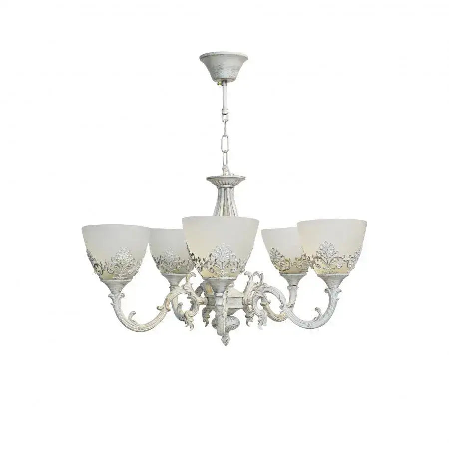 VINTAGE Lustr, Typ přívěsku, COTTAGE, Kruhový, 5xE27, Sklo a kov, Bílá