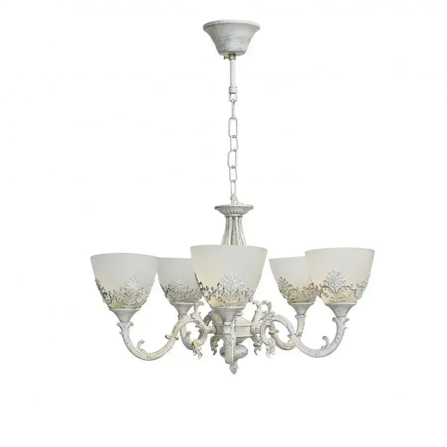 VINTAGE Lustr, Typ přívěsku, COTTAGE, Kruhový, 5xE27, Sklo a kov, Bílá