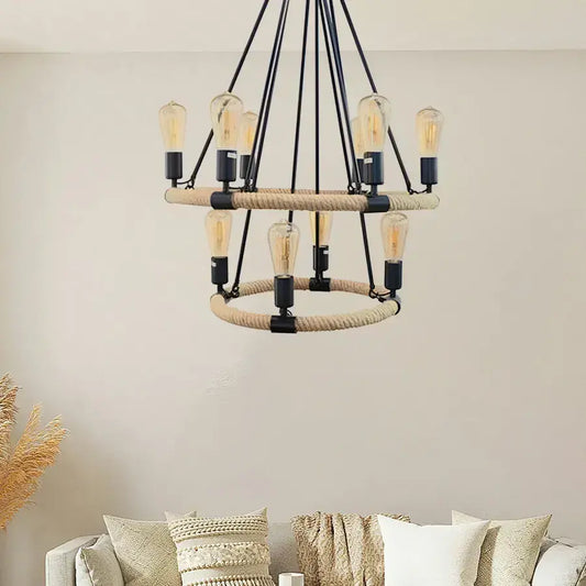 Rustikální lustr, 10*E27, hnědý, kov a motouz