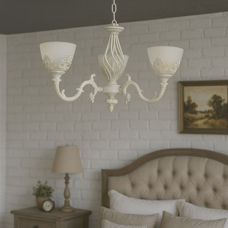 VINTAGE Lustr, Závěsný typ s rameny, COTTAGE, Kruhový, 3xE27, Sklo a kov, Bílá