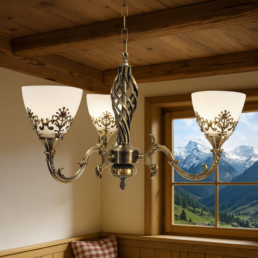 VINTAGE Lustr, Typ přívěsku, COTTAGE, Kruhový, 3xE27, Sklo a kov, Bronz