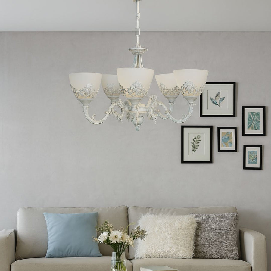 VINTAGE Lustr, Typ přívěsku, COTTAGE, Kruhový, 5xE27, Sklo a kov, Bílá