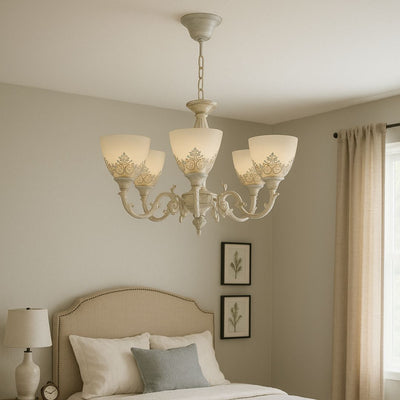 VINTAGE Lustr, Typ přívěsku, COTTAGE, Kruhový, 5xE27, Sklo a kov, Bílá