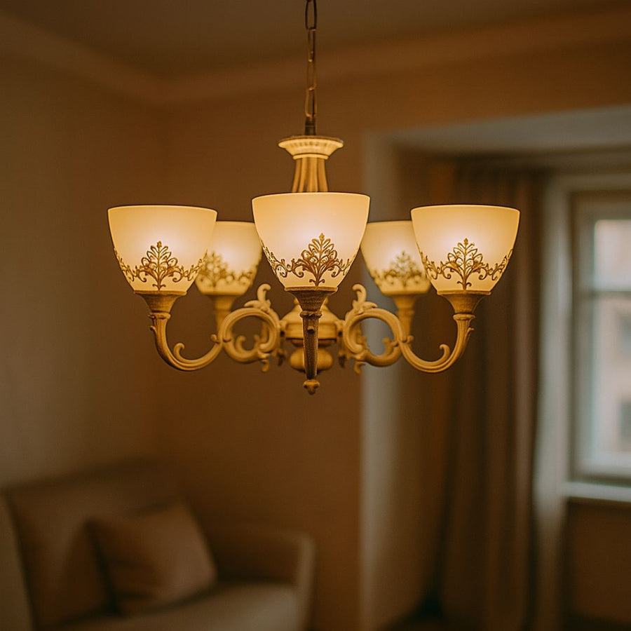 VINTAGE Lustr, Typ přívěsku, COTTAGE, Kruhový, 5xE27, Sklo a kov, Bílá