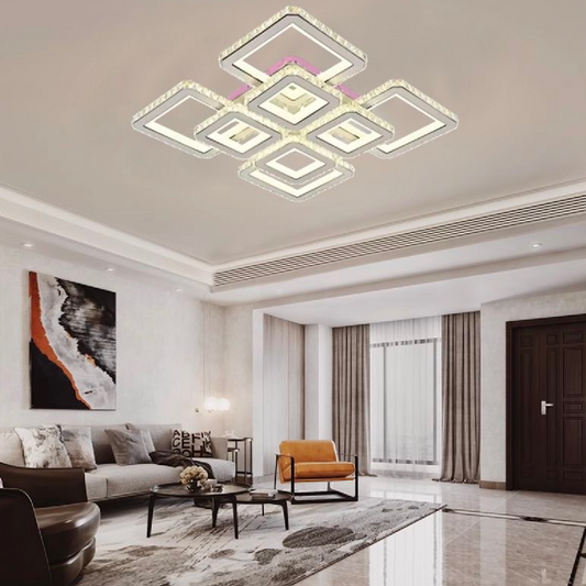 LED lustr s dálkovým ovládáním a křišťálem LEILA 237W, 8 čtverců, studené/teplé/neutrální světlo, stmívatelné, lesklá chromová bílá