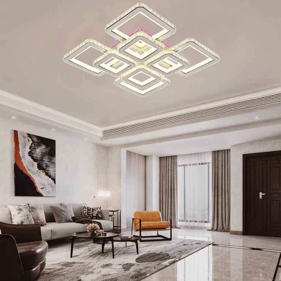 LED lustr s dálkovým ovládáním a křišťálem LEILA 237W, 8 čtverců, studené/teplé/neutrální světlo, stmívatelné, lesklá chromová bílá