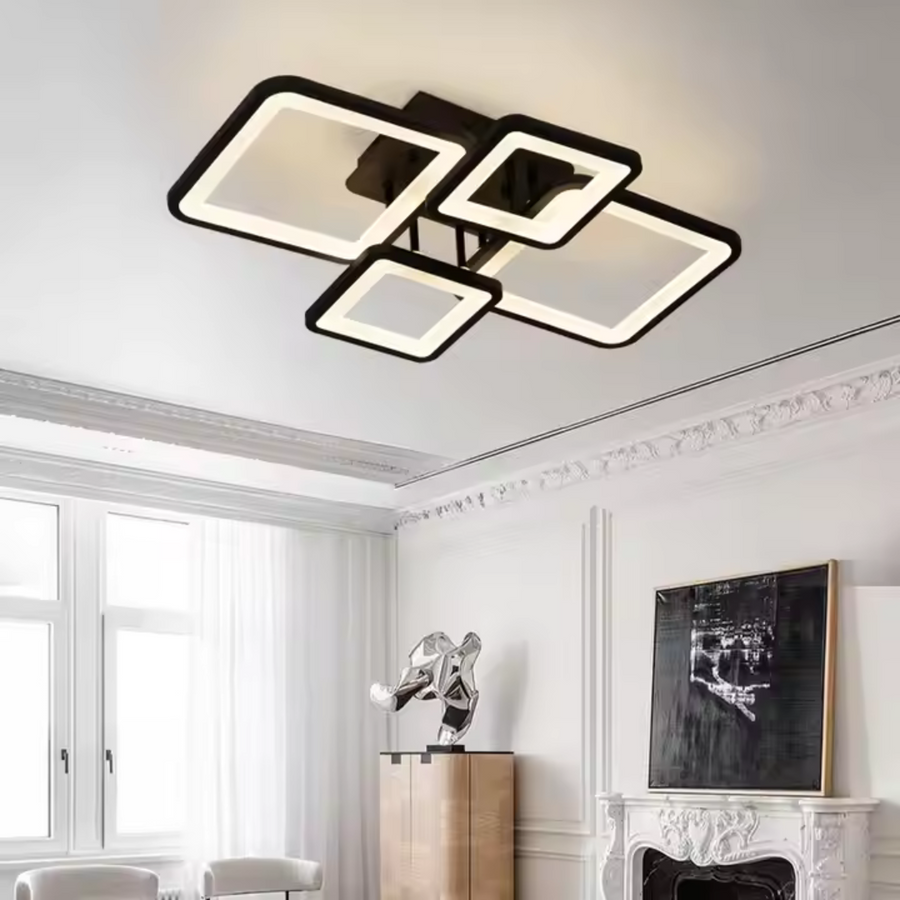 LED CHANDIER s dálkovým ovládáním, Ella, 4 čtverce, 85W, studené/horké/neutrální světlo, laskavé, černé