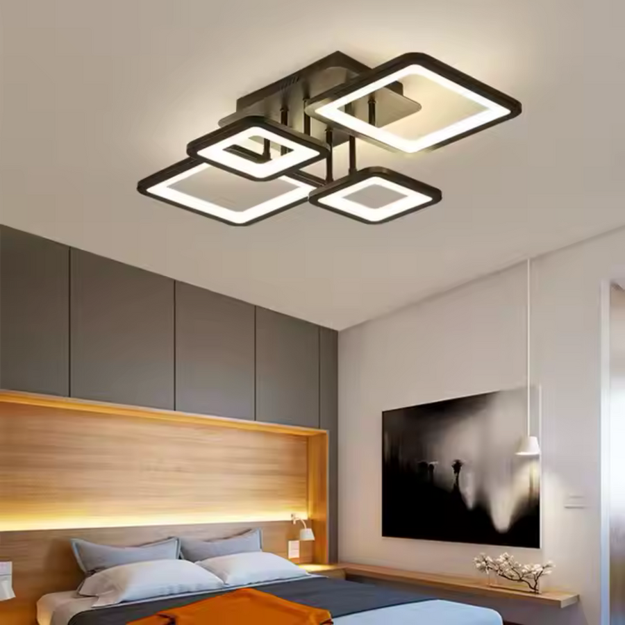 LED CHANDIER s dálkovým ovládáním, Ella, 4 čtverce, 85W, studené/horké/neutrální světlo, laskavé, černé