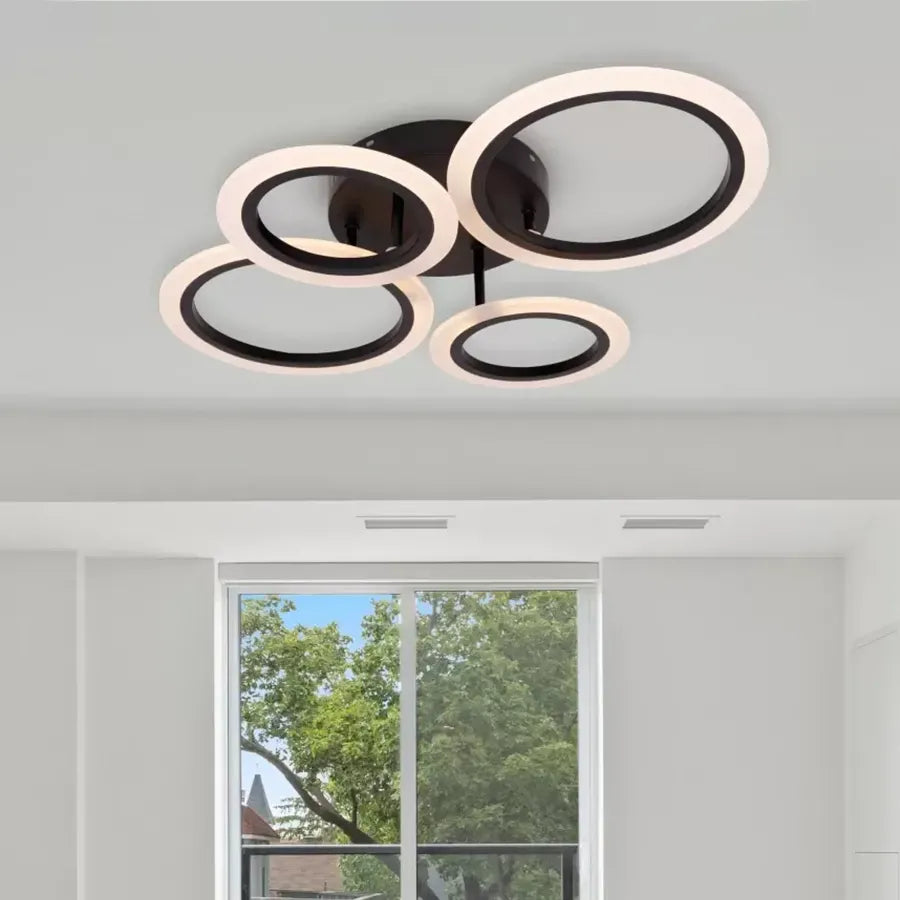 LED lustr s dálkovým ovládáním BETTY 44W, 4 kruhy, Studené/Teplé/Neutrální světlo, Stmívatelné, Černá