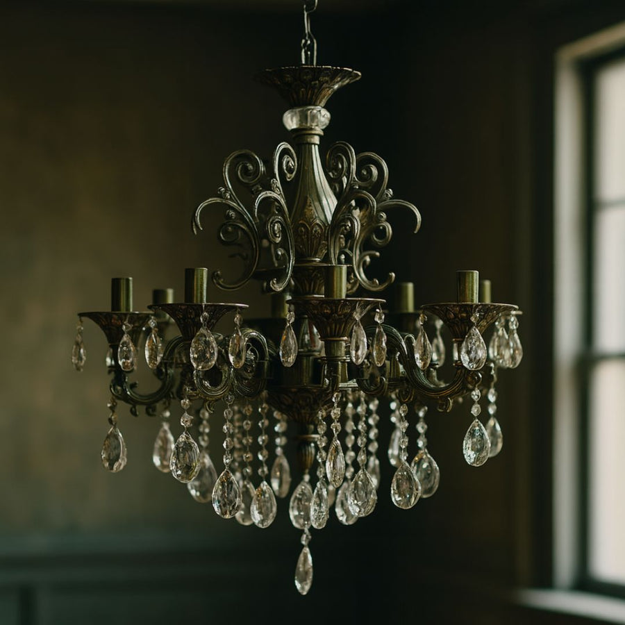 SANSSOUCI Magno křišťálový lustr, 8xE14, průměr 65cm, starožitná mosaz