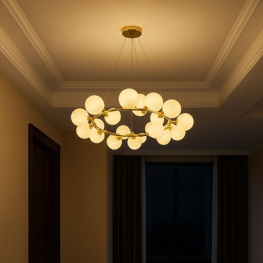 Komorový lustr LOFT, 15x G9, bílé zlato, kov, nastavitelná výška, moderní