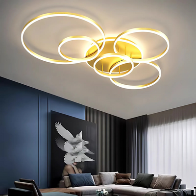 LED lustr s dálkovým ovládáním DARIO, 5 kruhů, 138W, teplé/studené/neutrální světlo, stmívatelný, zlatý