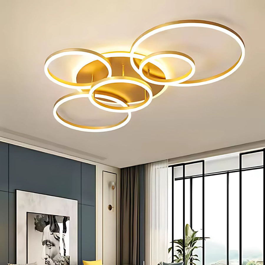 LED lustr s dálkovým ovládáním DARIO, 5 kruhů, 138W, teplé/studené/neutrální světlo, stmívatelný, zlatý