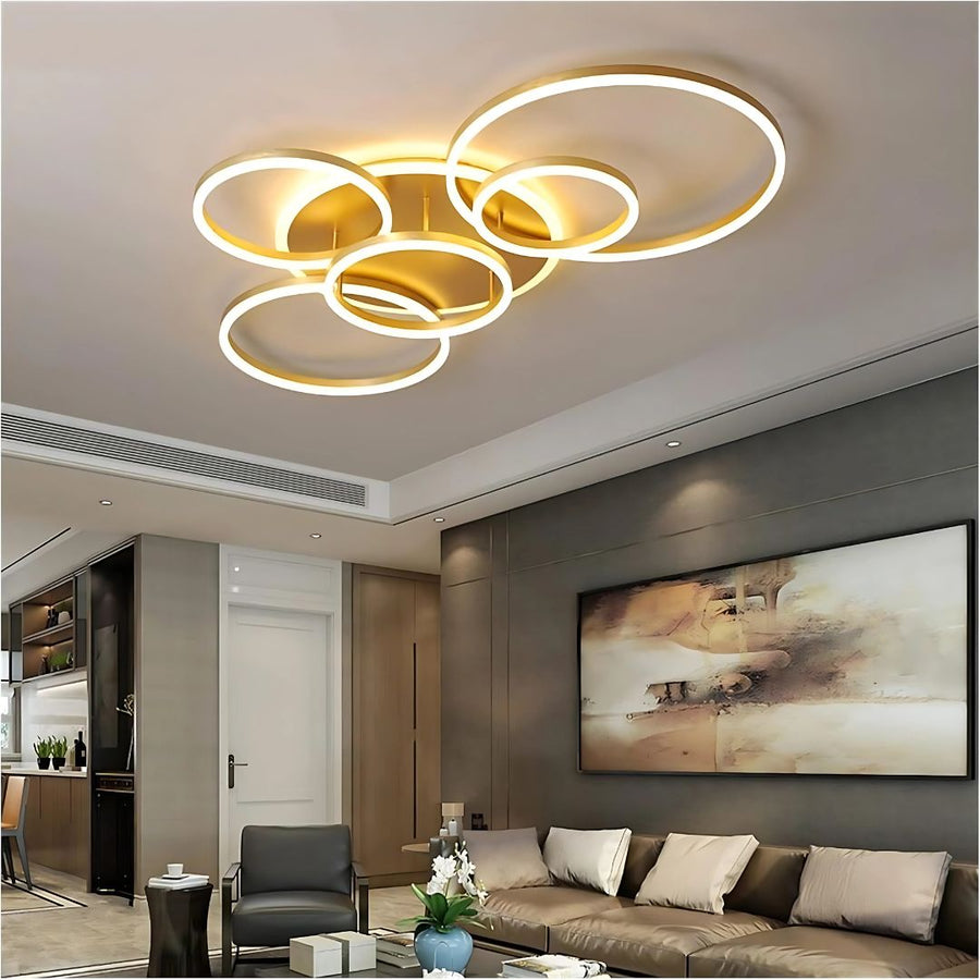 LED lustr s dálkovým ovládáním DARIO, 5 kruhů, 138W, teplé/studené/neutrální světlo, stmívatelný, zlatý